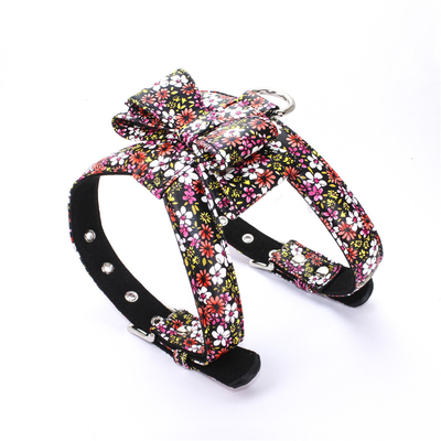 No Pull Leather Adult Dog Walking Training Harness With Bow Floral Design