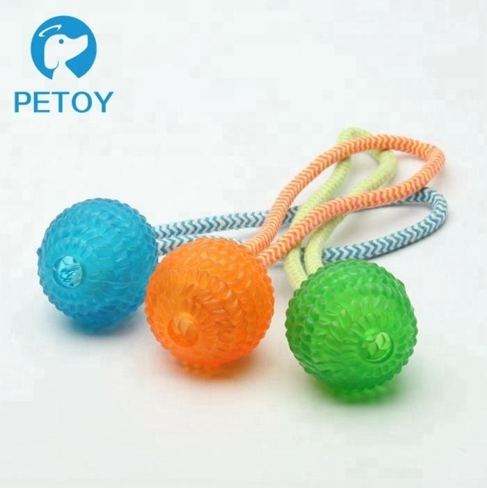 Colorful Soft Rubber Squeaky Ball With Cotton Rope Activity Dog Chew Toy Set